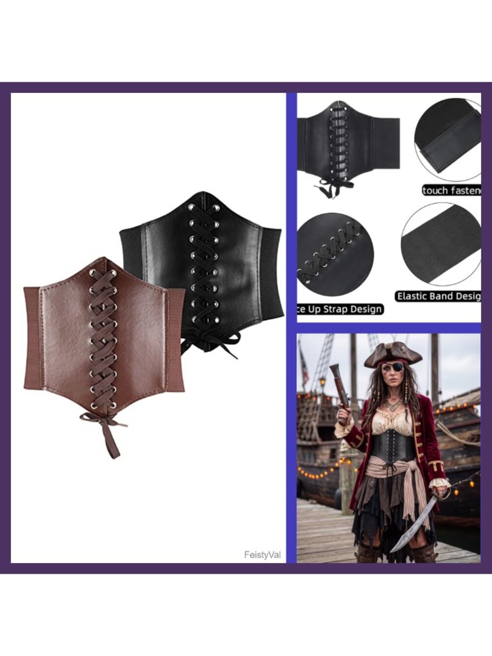 2 Pack Elastic Waist Belt PU Leather Corset Cinch Belt Retro Halloween Costume